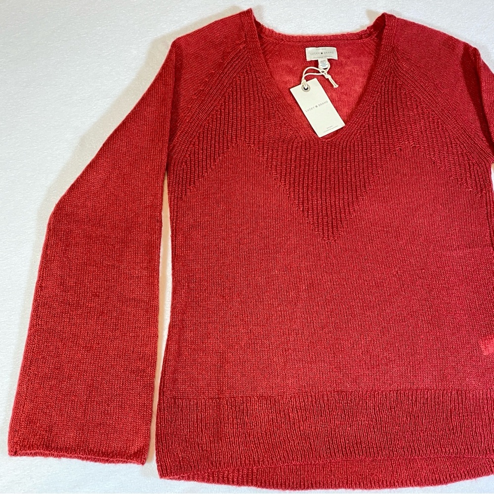 Women’s Sheer Knit Sweater, Flare Long Sleeve V-neck, Red, Sz M, Fairy Romantic